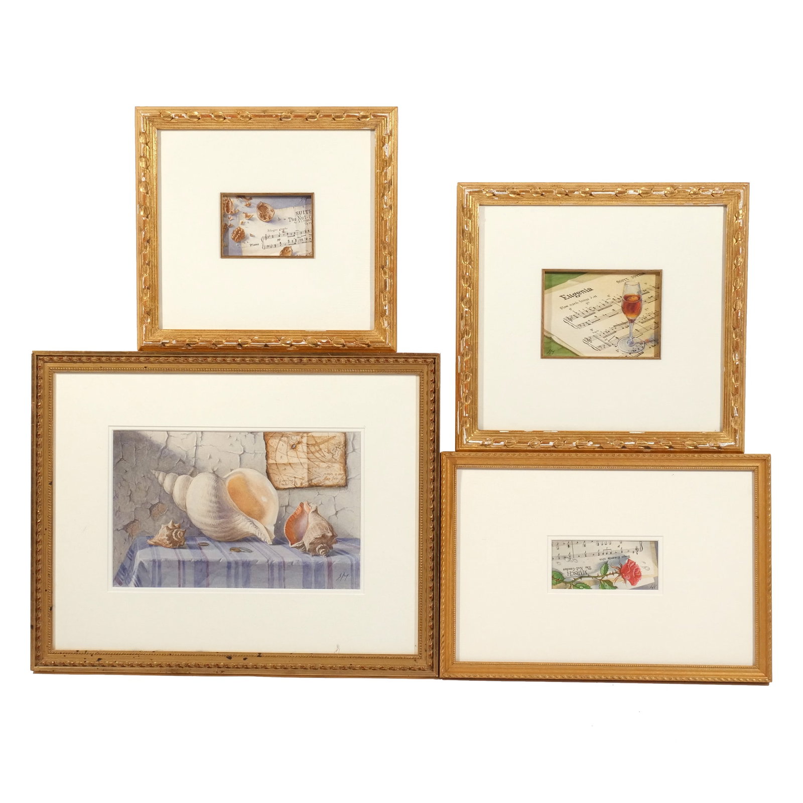 (4pc) WATERCOLOR STILL LIFES SIGNED 'SM': Four tabletop still lifes Watercolor on paper h. 8 w. 12-1/2 in. (largest) Three depicting sheet music, one with seashells, all signed with initials 'SM', framed overall: 16 x 21 in. (frame) Provenanc