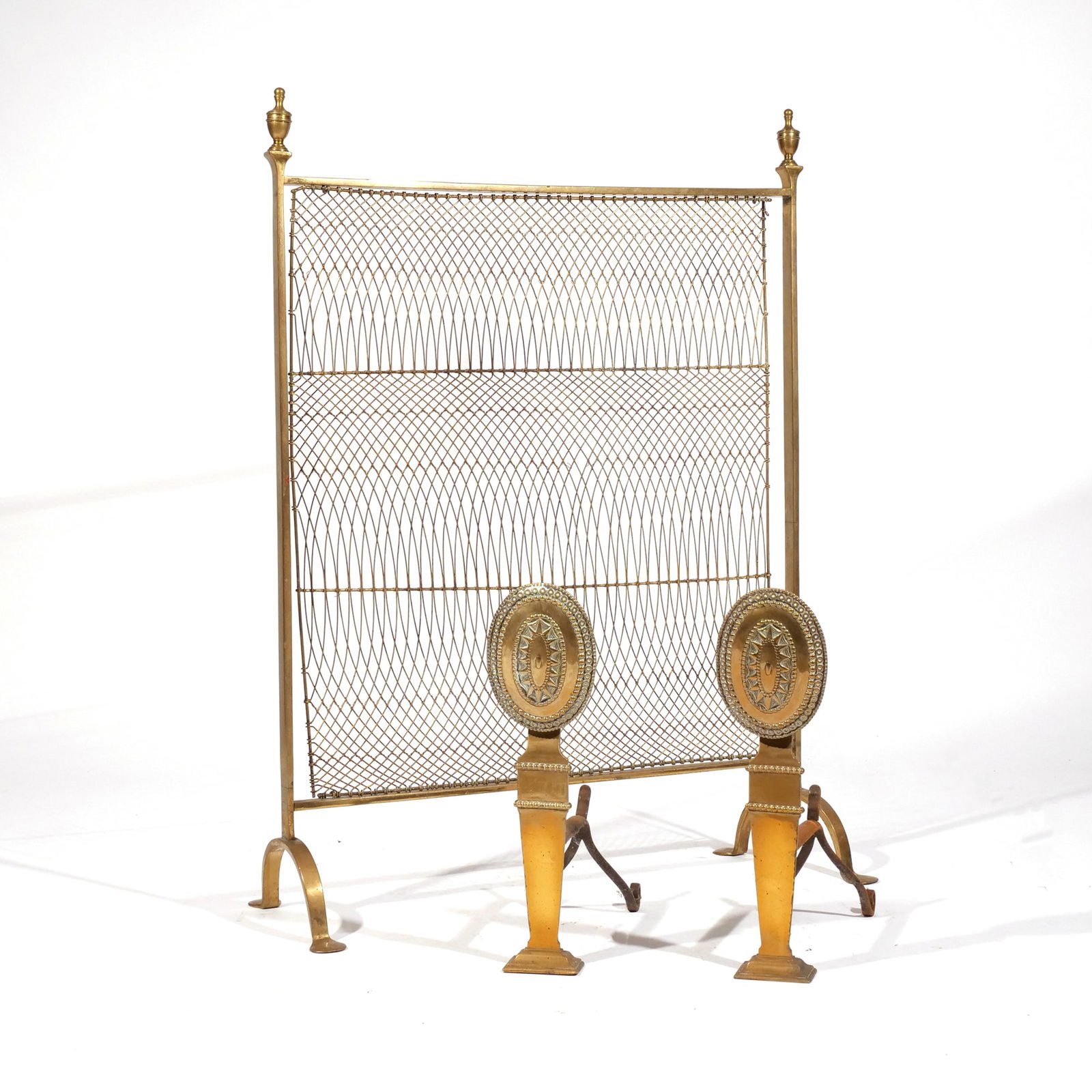 (3pc) ANTIQUE BRASS FIRESCREEN & PAIR CHENETS (1 of 10)