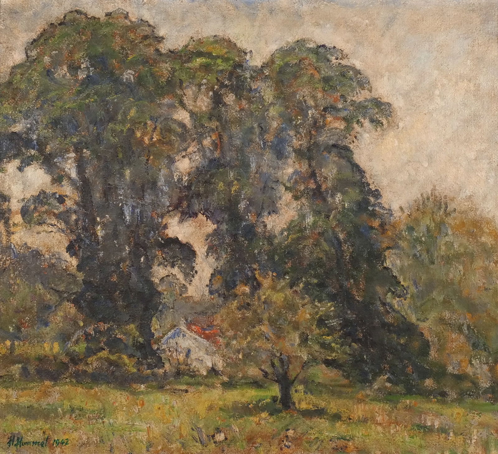HAZEL L. HUMMEL (American, 1890-1965): Oil on canvas h. 24-1/4 w. 27 in. Depicting a landscape scene with trees, signed lower left and dated 1942 overall: 31-1/2 x 34-1/2 in. (frame) Provenance: Consigned by Pound Ridge, NY lady