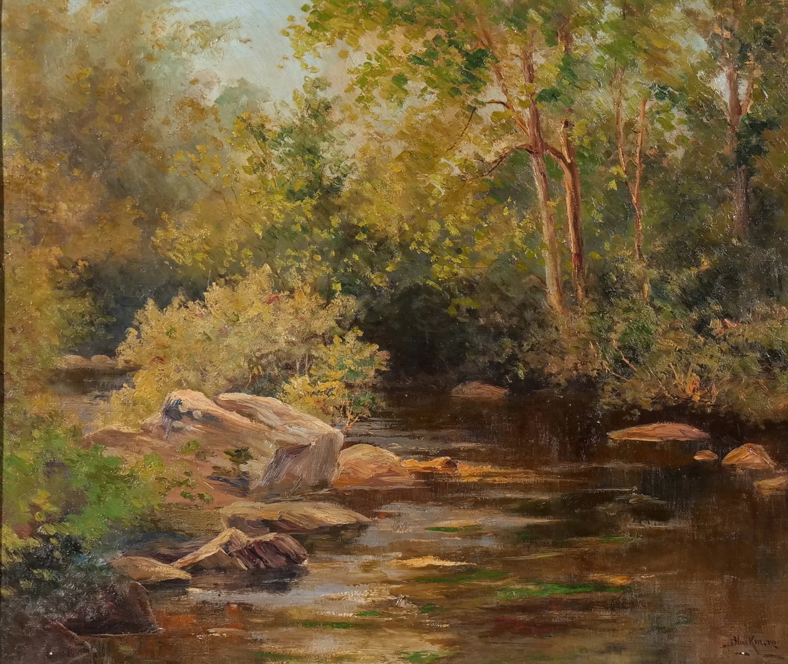 ARTHUR E. BLACKMORE (American, 1854-1921): Watery landscape Oil on canvas h. 20 w. 24 in. Signed lower right overall: 26 x 30-1/4 in. (frame) Provenance: Descended through the estate of a New York Lady (Mt. Kisco & NYC) [In Situ Item] This ite