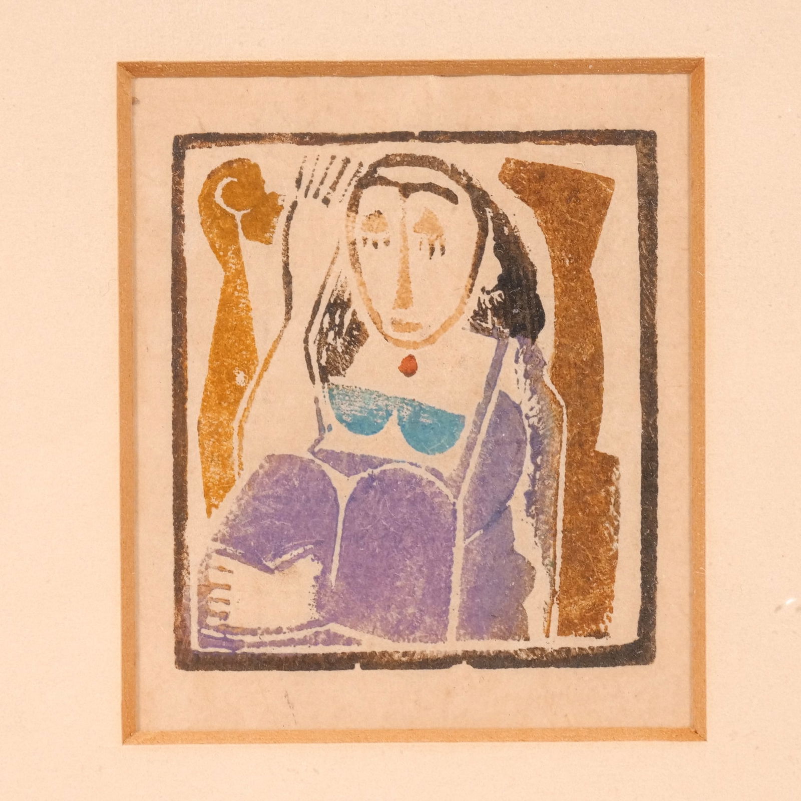 MAX WEBER (1881-1961): Seated Woman Color woodblock h. 2-1/2 w. 2 in. No apparent signature,1919-1920 Edition 30, framed overall: 6 x 5-1/2 in. (frame) Provenance: By repute: Bedford, N.Y. artist Kay Oliver purchased from t