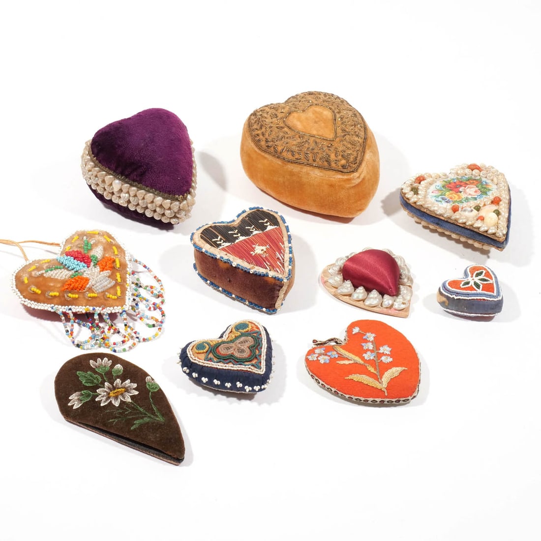 (10pc) HEART-SHAPED PIN CUSHIONS AND BEADED GROUP (1 of 5)