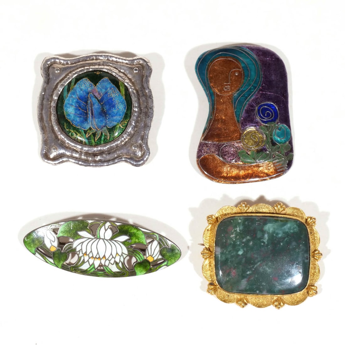 (4pc) WEINER KUNSTHANDWERK & OTHER PINS: Including a Weiner Kunsthandwerk pin/pendant depicting a lady holding a flower bouquet, with paper label on back [2-1/4 in. long]; a cloisonne water lily pin set in sterling silver, with fineness mark