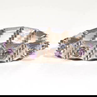 WILLIAM SPRATLING SILVER & AMETHYST BRACELET: Taxco, Mexico, circa 1940-46, designed with squared pyramid links, each collet set with an amethyst bullet-shaped cabochon, with safety chain, signed Spratling Made In Mexico, Spratling Silver or 980,
