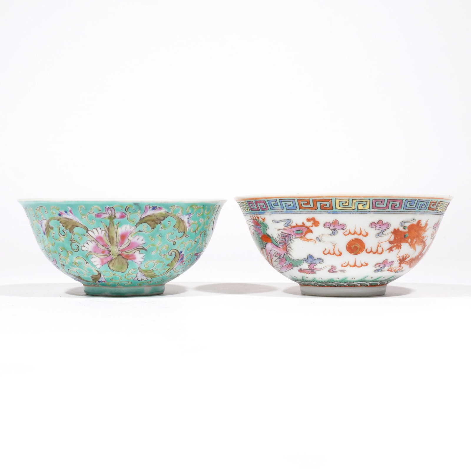 (2pc) CHINESE GUANGXU PORCELAIN BOWLS: One having a turquoise ground, the other with a dragon chasing a flaming pearl, both with six letter reign mark in red h. 2 dia. 4-1/2 in. Provenance: From an important Putnam Valley, NY homestead