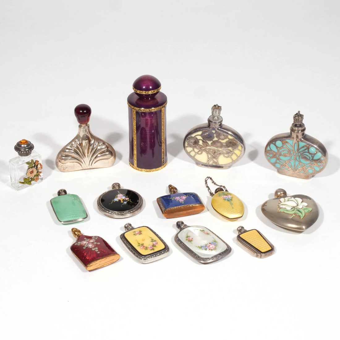 (14pc) SMALL, MOSTLY SILVER ENAMEL PERFUME BOTTLES (1 of 11)