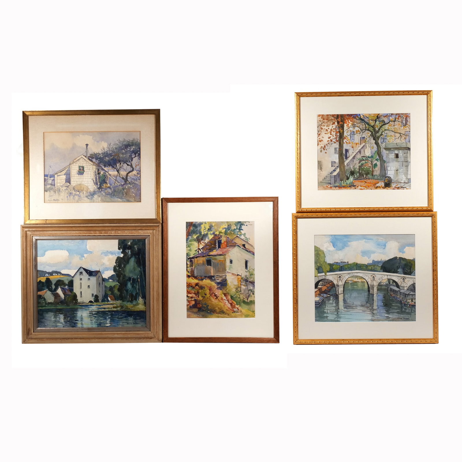 (5pc) JULIUS DELBOS, NA (1879-1980): Five watercolors Watercolor on paper Five watercolor works, including House on a lake, Seaside shack, Country retreat, Bridge, and Staircase in autumn, each framed, with artist's signature to lower ri