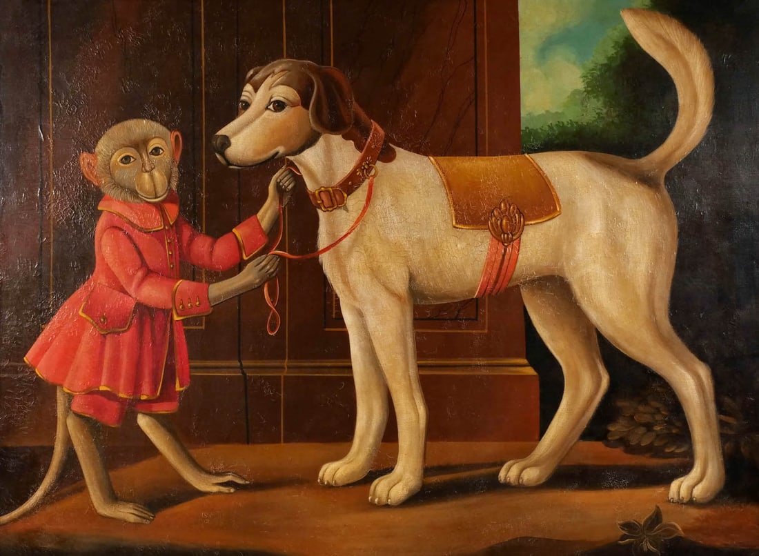 (ATTRIB) WILLIAM SKILLING (Brit./Amer., 1862-1964): Double act: a monkey and dog Oil on canvas h. 36 w. 48 in. Signed lower right (signature covered with in-paint but still partially visible), framed overall: 39 x 51 in. (frame) Provenance: Consigned b
