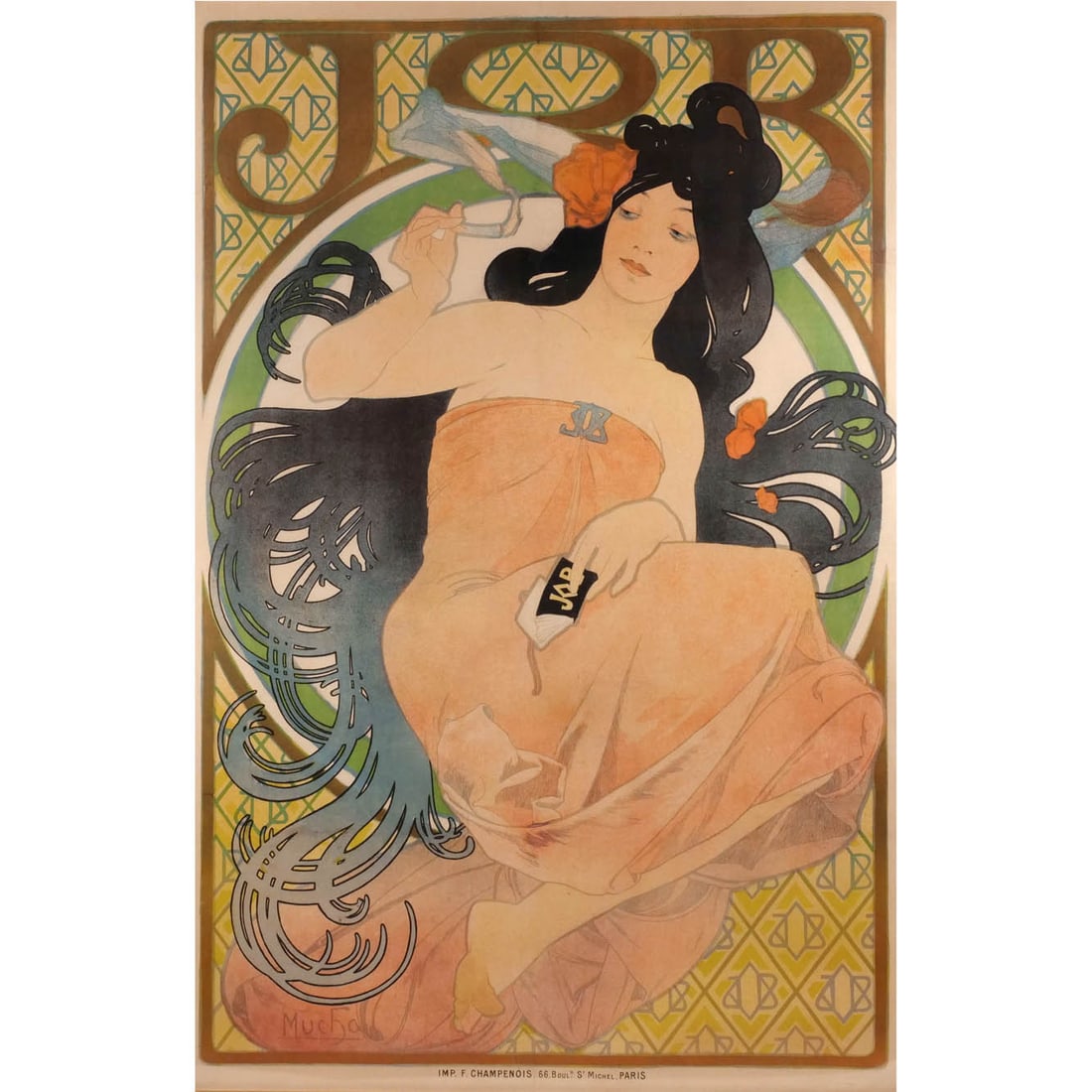 ALPHONSE MUCHA (Czech, 1860-1939): Job, 1898 Lithograph in colors h. 58 w. 38-1/4 in. (appx. sheet) Printed by Imp. F. Champenois, Paris, framed Provenance: Downsizing Great Neck, N.Y. couple