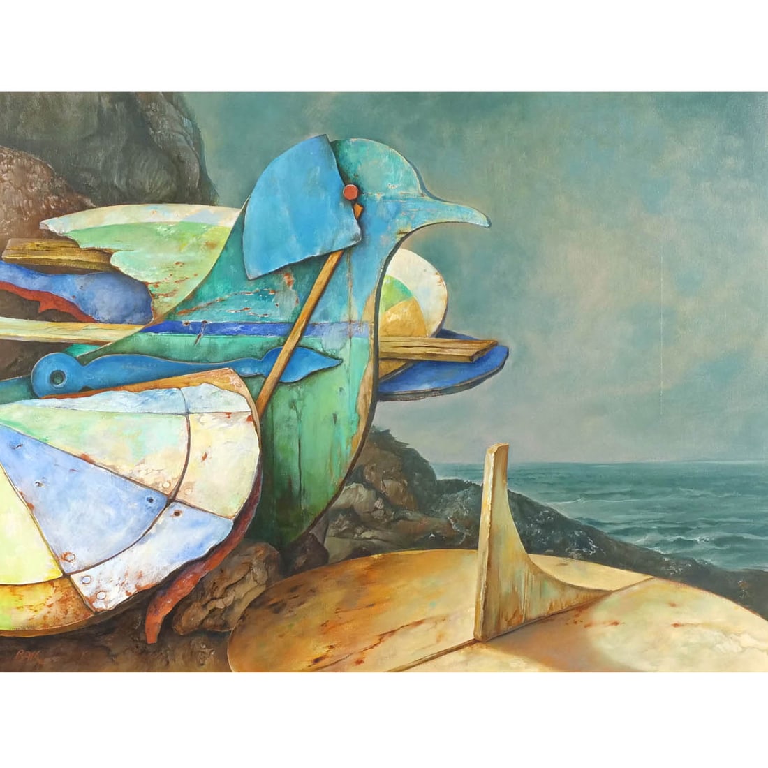 SAMUEL BAK (Israeli / Russian, 1933-): 'Time Piece' Oil on canvas h. 18-1/4 w. 24 in. Depicting a pigeon and sundial, signed lower left, titled on label verso, framed overall: 25 x 30-1/2 in. (frame) Provenance: Descent through the family