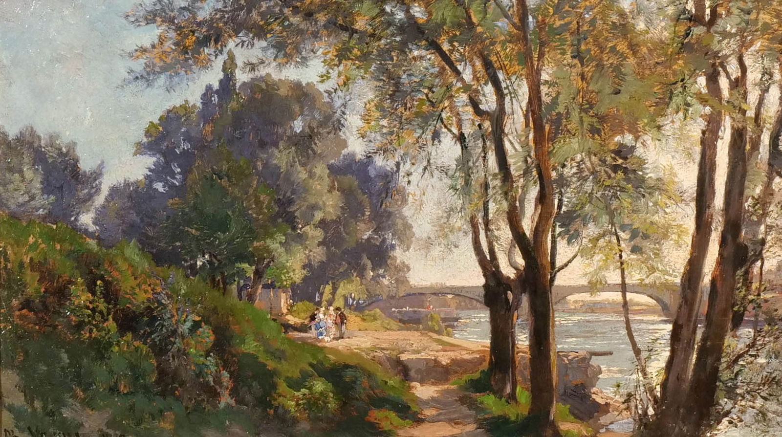 ALEXANDRE RENE VERON (French, 1826-1897): Seine River on a Sunday Oil on canvas h. 11 w. 19-1/4 in. Signed lower left, original framed, old label on verso overall: 19 x 26-1/2 in. (frame) Provenance: Descent through the family of the consigno