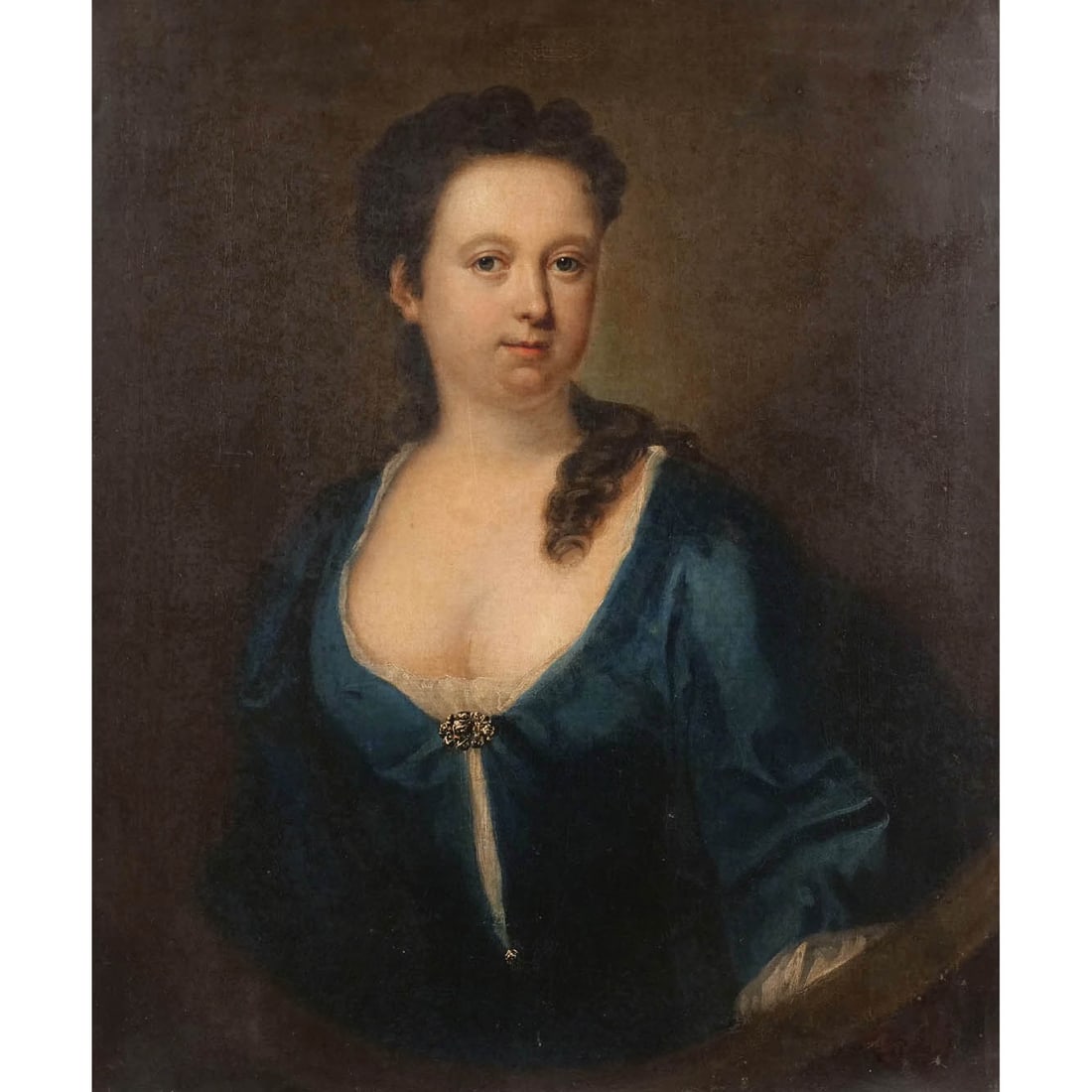 AMERICAN OR ENGLISH SCHOOL, 18th century: Half portrait of a lady Oil on canvas h. 30 w. 25 in. Hair in ringlets wearing blue decolletage dress with cream fichu overall: 33 x 28 in. (frame) Provenance: The estate of Leonard Ashley, noted Prof