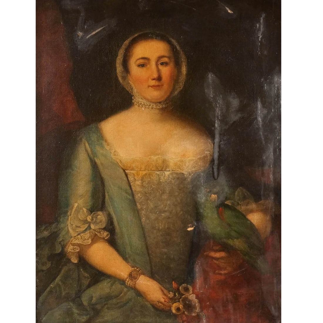 ENGLISH SCHOOL, 19th century: Portrait of a lady in a green dress Oil on canvas h. 36 w. 28 in. 30333 overall: 42 x 34 in. (frame) Provenance: The estate of Leonard Ashley, noted Professor and Author on Geolinguistics and the Occu