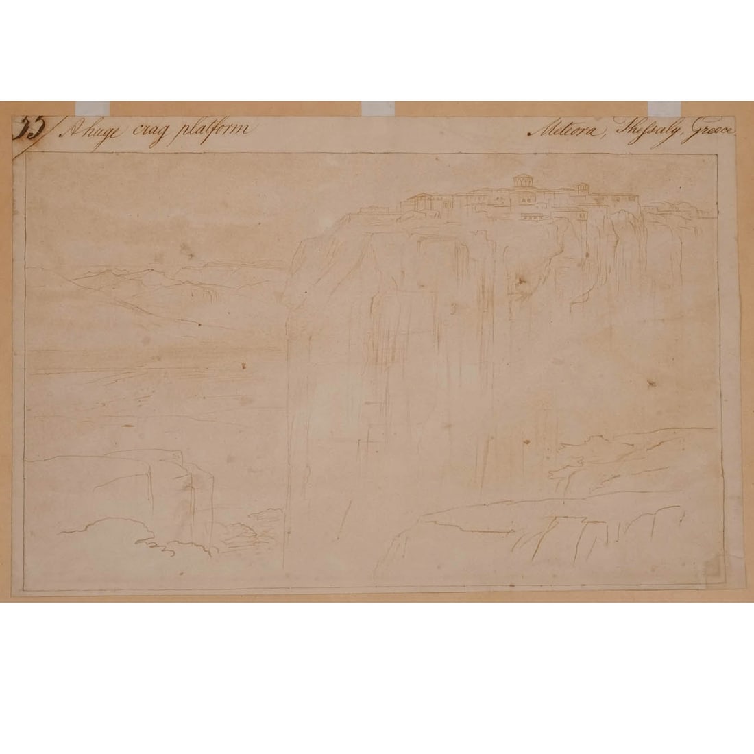 (ATTRIB) EDWARD LEAR (British, 1812-1888): 'A huge crag platform' Pen and ink on paper h. 12-5/8 w. 20-1/4 in. (subject) A sketch likely from one of Lear's travel books, titled upper margin ' 33 (?) A huge crag platform --- Meteora, Thessaly,