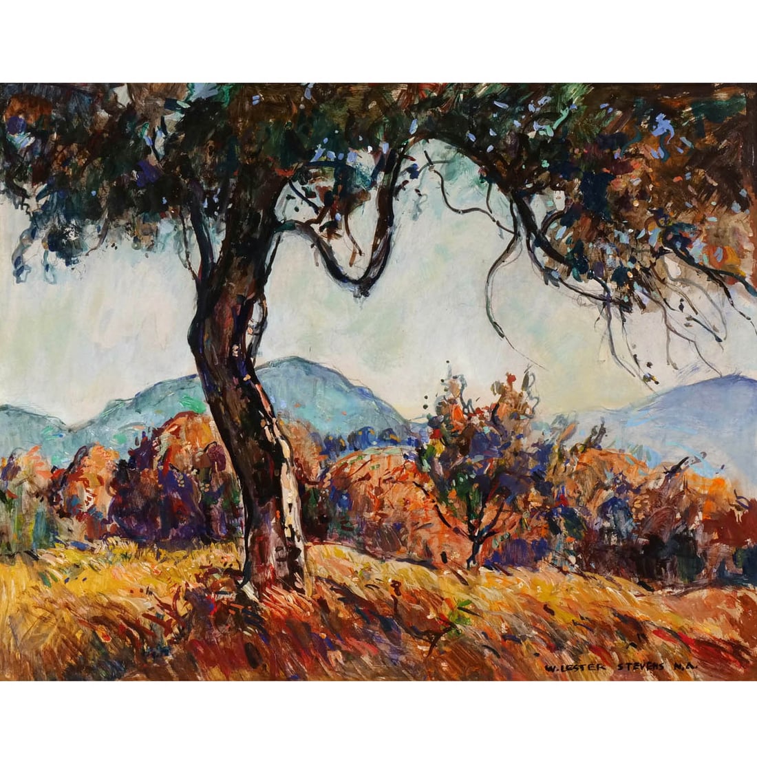 WILLIAM LESTER STEVENS (American, 1888-1969): 'View from Mountain Road...' Oil on board h. 16 w. 20 in. 'View from Mountain Road, Princeton, MA', signed lower right, framed overall: 24 x 20 in. (frame) Provenance: Downsizing Great Neck, N.Y. coup