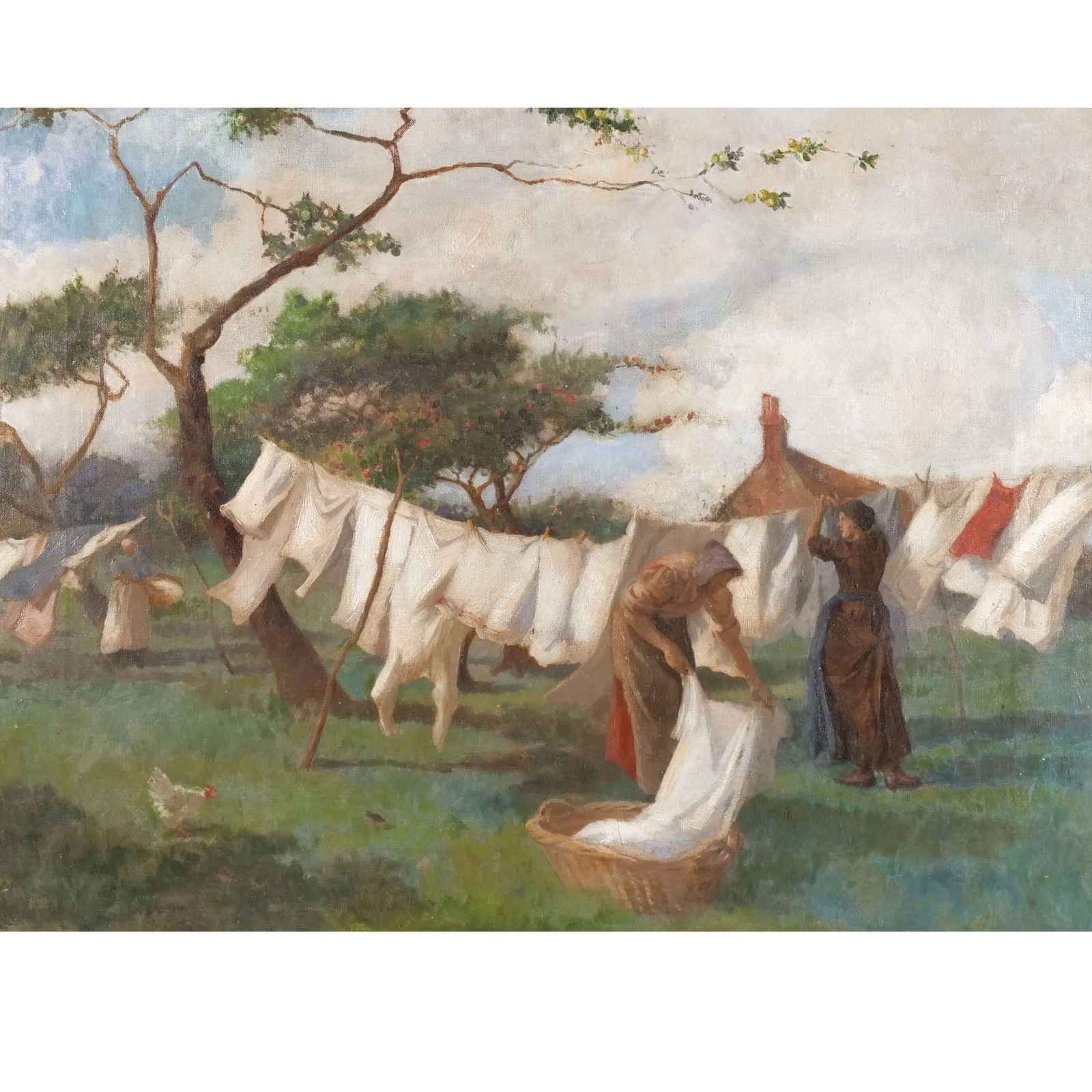 CONTINENTAL SCHOOL, 19th century: Women hanging the laundry Oil on canvas h. 21 w. 28 in. (canvas) No apparent signature overall: 25-1/2 x 32-3/4 in. (frame) Provenance: Descended through a noted Guard Hill, Bedford, NY estate [In Sit