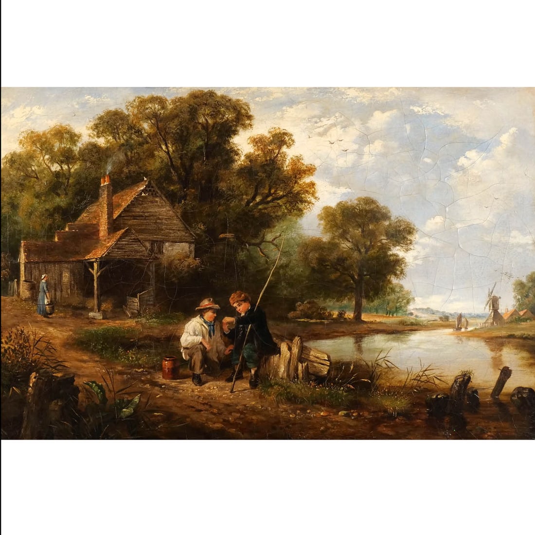 WILLIAM JAMES MULLER (English, 1812-1845): The Young Anglers Oil on canvas h. 20 w. 30 in. (canvas) Titled and identified on plaque on frame, no apparefnt signature overall: 25 x 36 in. (frame) Provenance: Descended through a noted Guard Hill,