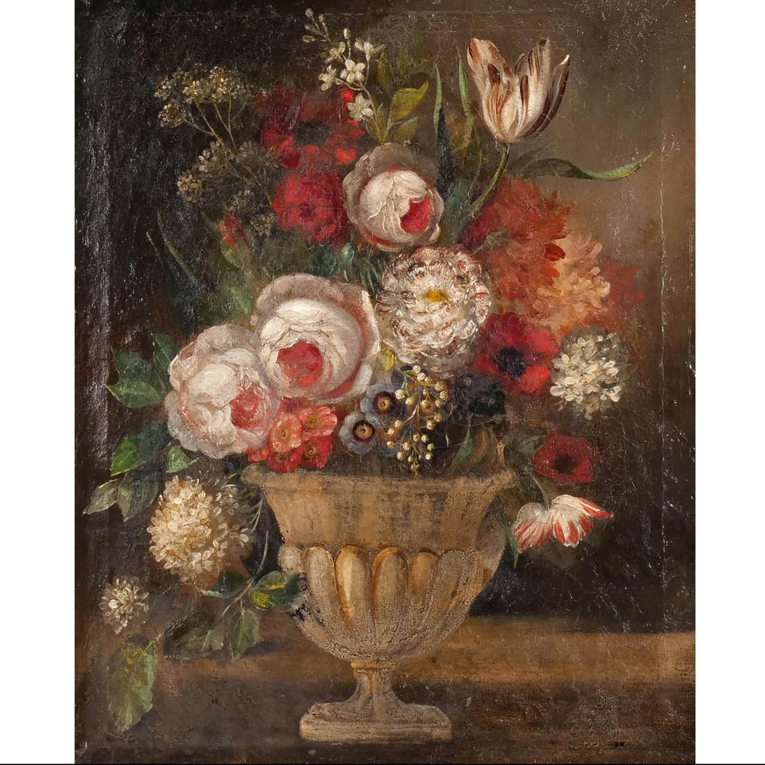 CONTINENTAL SCHOOL, 19th century: Still life of flowers in an urn Oil on canvas h. 22 w. 18 in. (canvas) Cassetta frame with blk central panel with gilt scrolling overall: 26-1/2 x 22-3/4 in. (frame) Provenance: Descended through a no