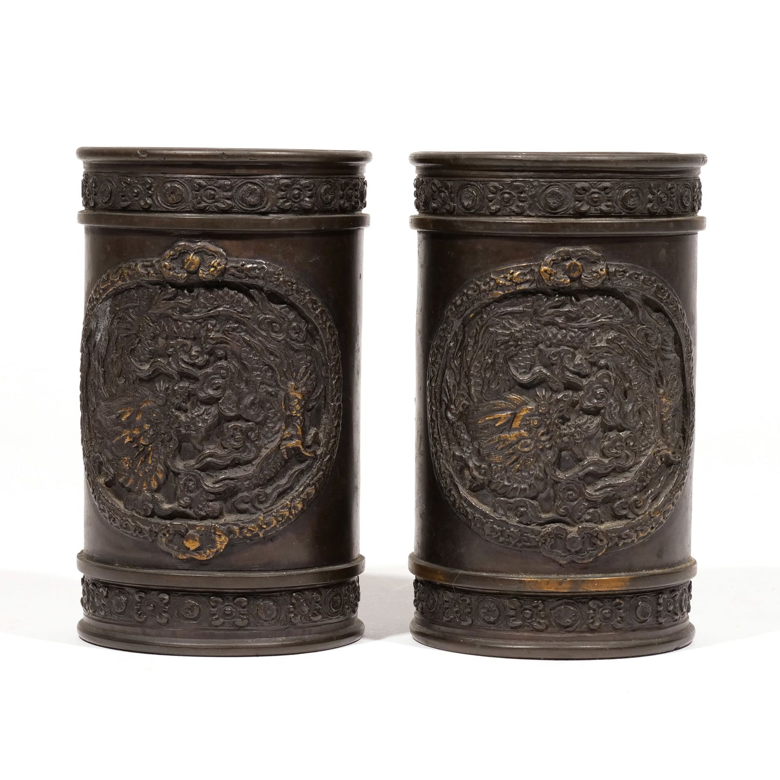 PAIR of CHINESE ARCHAIC BRONZE BRUSH POTS (1 of 8)
