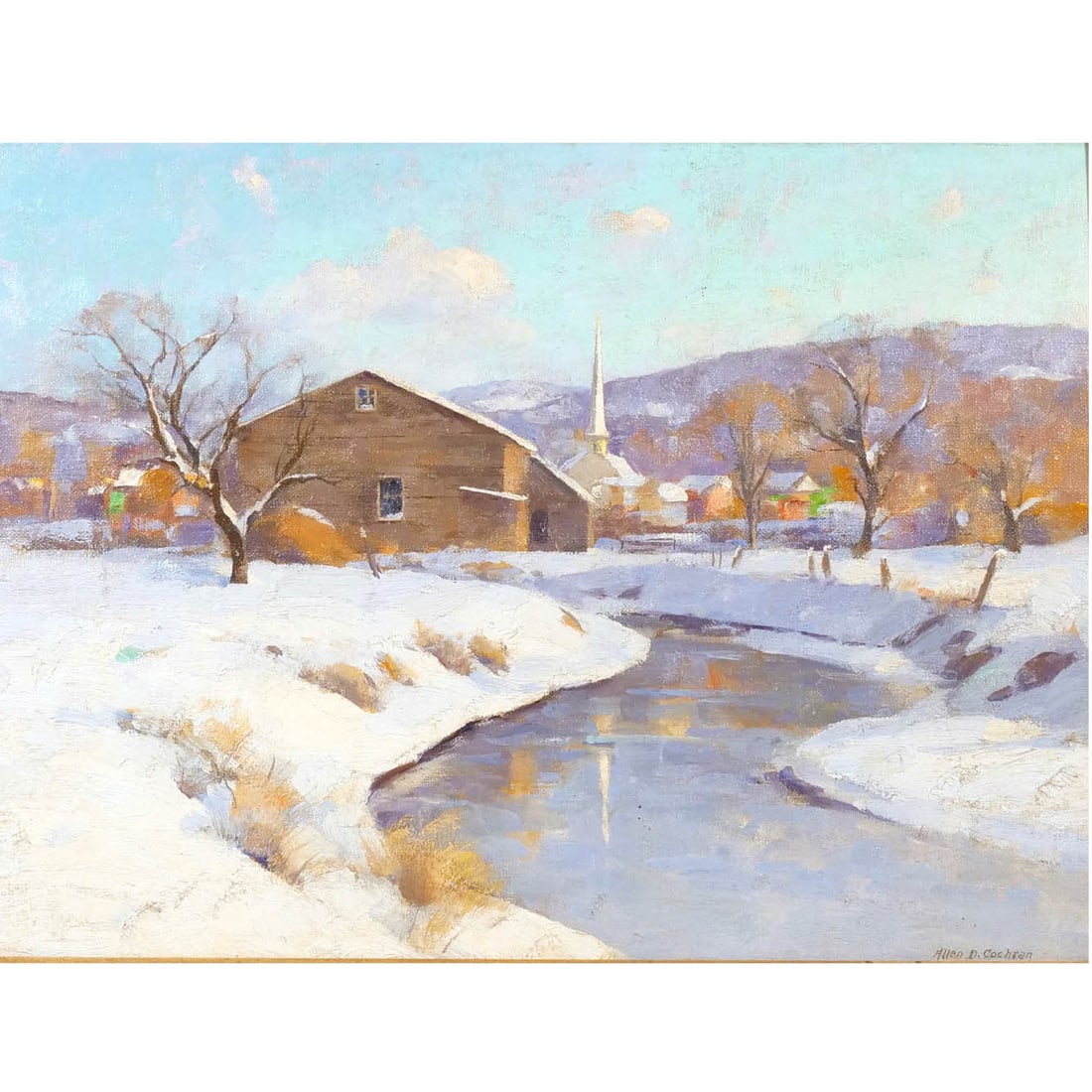 ALLEN DEAN COCHRAN (American, 1888-1971): A river in winter Oil on canvas board h. 12 w. 16 in. Signed lower right, framed overall: 19 x 23 in. (frame) Provenance: The Collection of Lynn and Bruce Heckman, noted contributors to the Metropolit