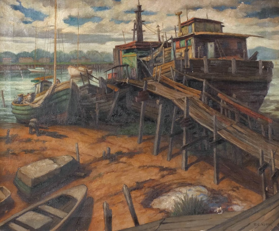 FRANK COHEN KIRK (American, 1889-1963): 'Abandoned' (Boats by pier) Oil on canvas h. 25 w. 30 in. Signed lower right, initialed on verso, titled on side of canvas, unframed Provenance: Consigned by Fairfield, CT. gentleman [In Situ Item] Th