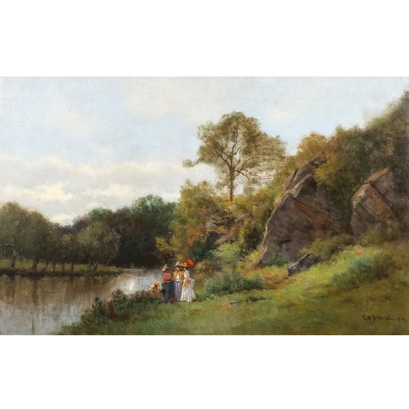CHARLES DONZEL (French, 1824-1889): Elegantes au Bord de la Riviere Oil on canvas h. 11-1/4 w. 17-1/2 in. Signed and dated 1888 lower right , period frame overall: 20 x 26 in. (frame) Provenance: Galerie d?Orsay , 33 Newbury St. Boston 