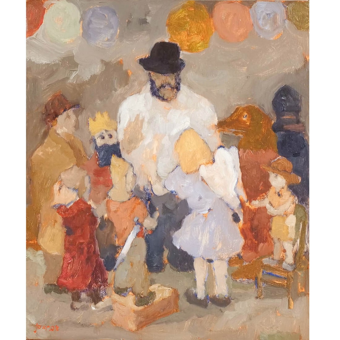 ANTHONY DUBOVSKY (California, 1945-): Purim in Berkeley, 1994 Oil on panel h. 11-5/16 w. 9-9/16 in. Signed lower right, signed, dated, and with paper label on verso, framed overall: 16-3/8 x 14-5/8 in. (fame) Provenance: Descent through t