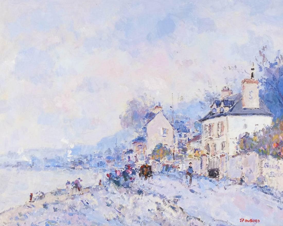 JEAN-PIERRE DUBORD (b. 1949): La Route de Croisset Oil on board h. 13 w. 16 in. Depicting a riverside town, signed lower right, titled and signed on verso, framed overall: 21 x 24-1/2 in. (frame) Provenance: Descent through the fa