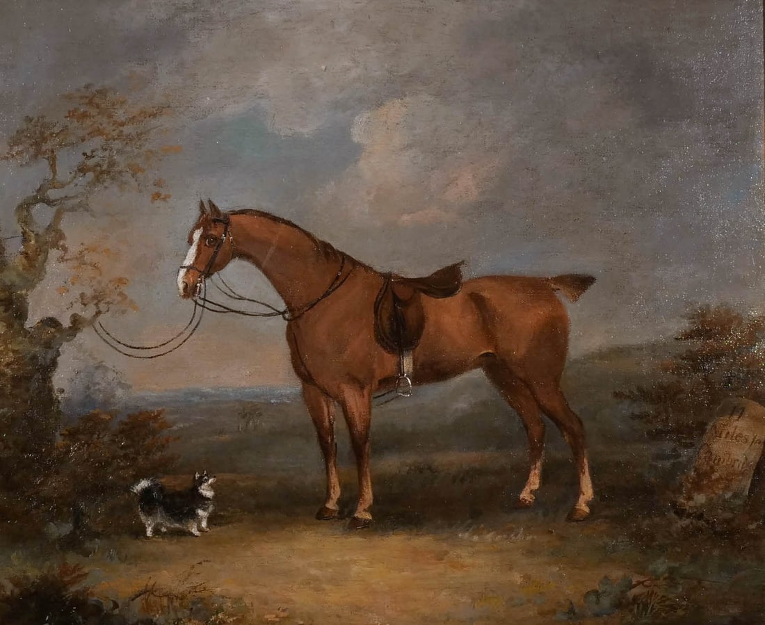 GEORGE GARRARD (British, 1760-1826): Mr. Ogden's Trotting Mare, 1790 Oil on canvas h. 20 w. 24 in. With old label on verso identifying the artist and entitling the work, 'Mr. Ogden's Trotting Mare by Hue and Cry / 1790', framed overall: 