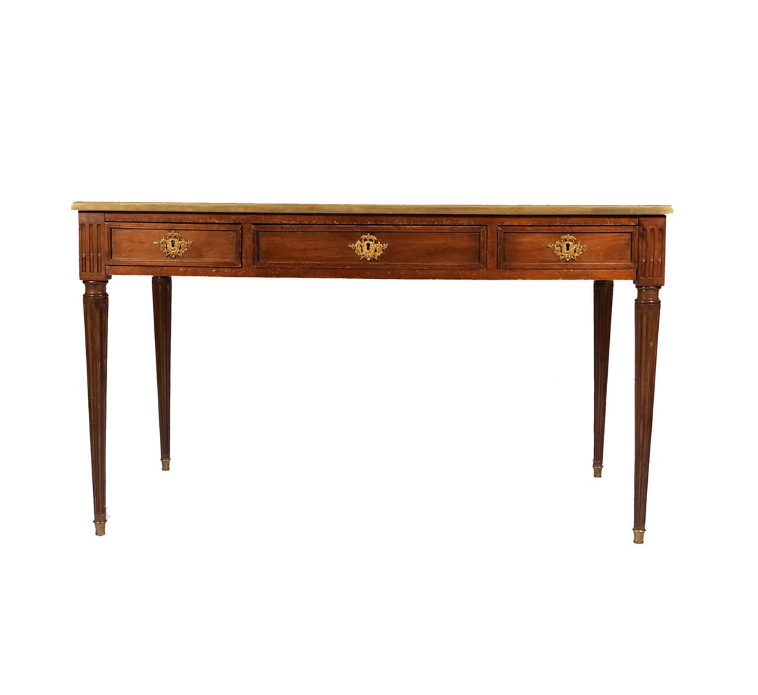 FRENCH BRASS-BOUND MAHOGANY & LEATHER DESK: 19th century h. 29-3/4 w. 51-1/4 d. 29-1/2 in. Provenance: Private Collection, New York, N.Y.