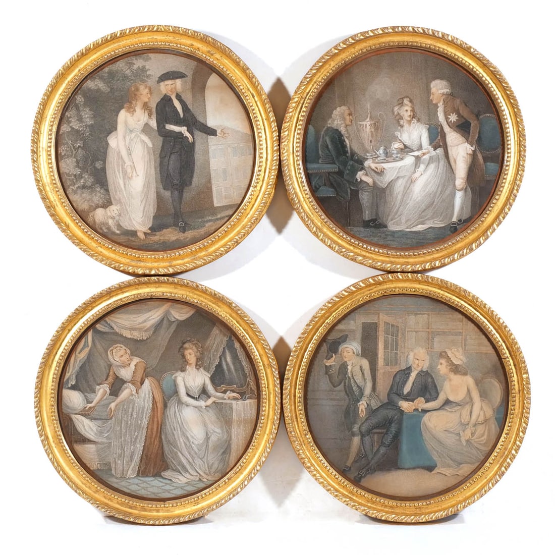 (4pc) FIGURAL COLORED ENGRAVINGS in ROUND FRAMES (1 of 6)