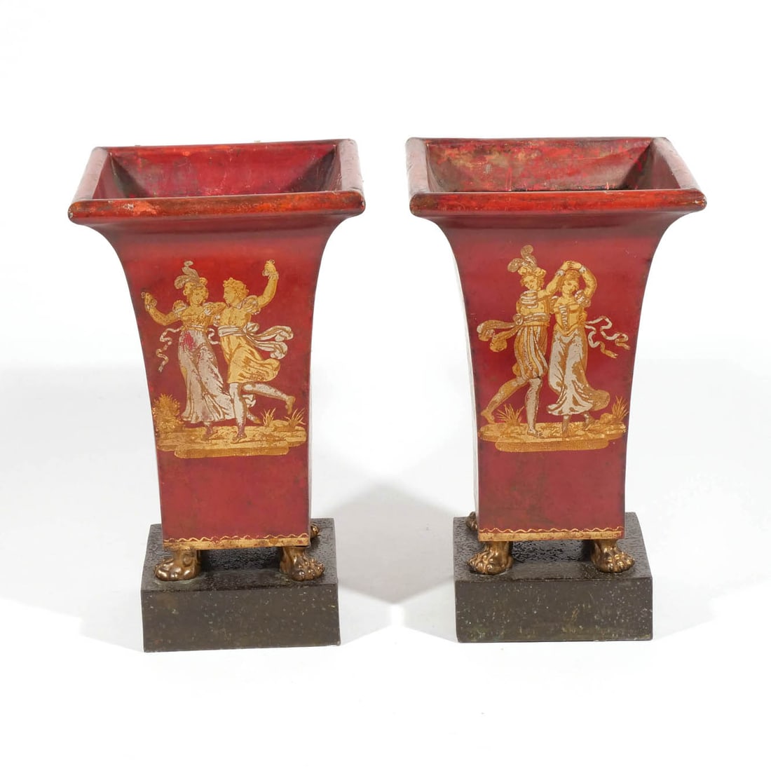 PAIR FRENCH NEOCLASSICAL RED TOLE SQUARE VASES (1 of 9)