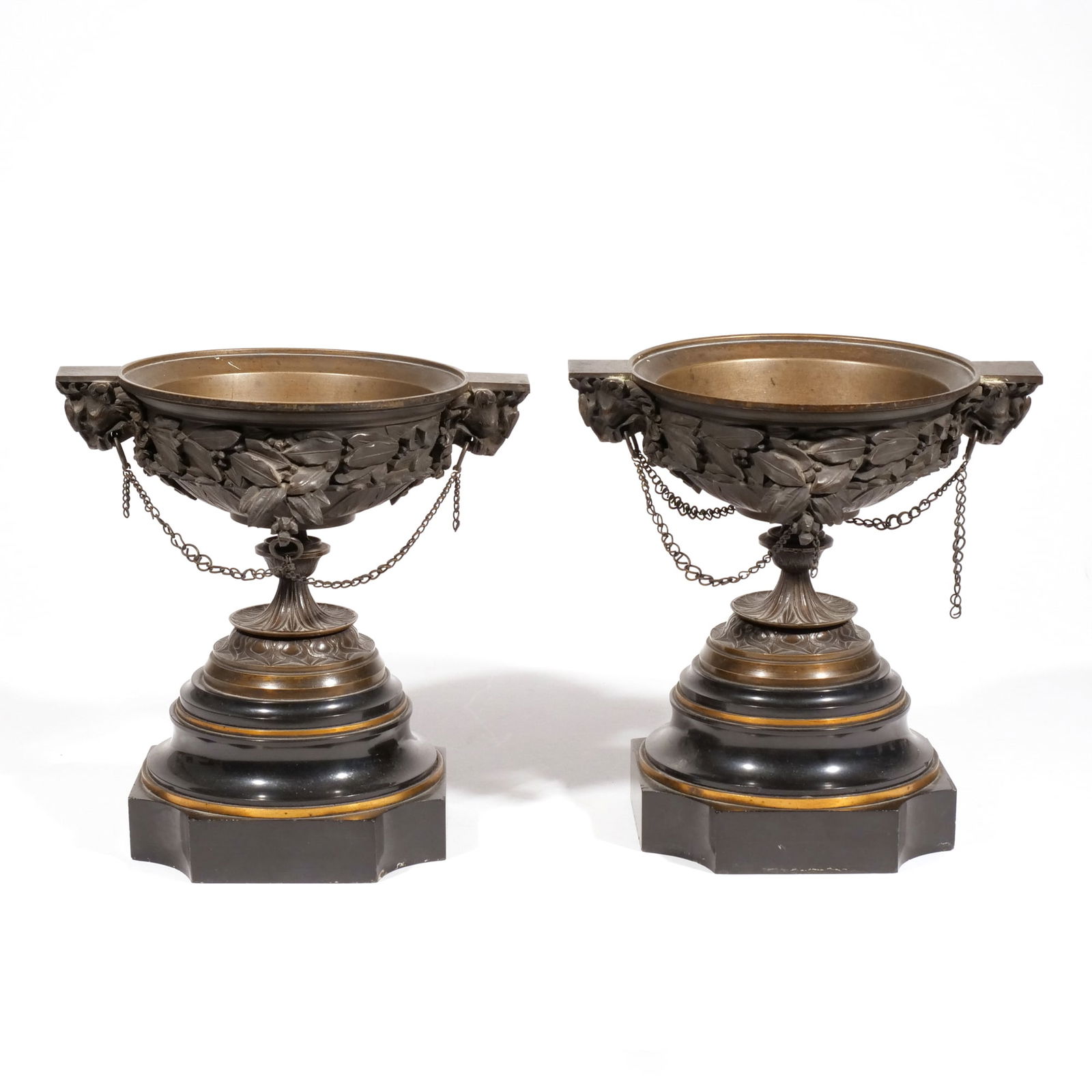 PAIR CLASSICAL BRONZE MANTLE LIBATION CUPS (1 of 12)