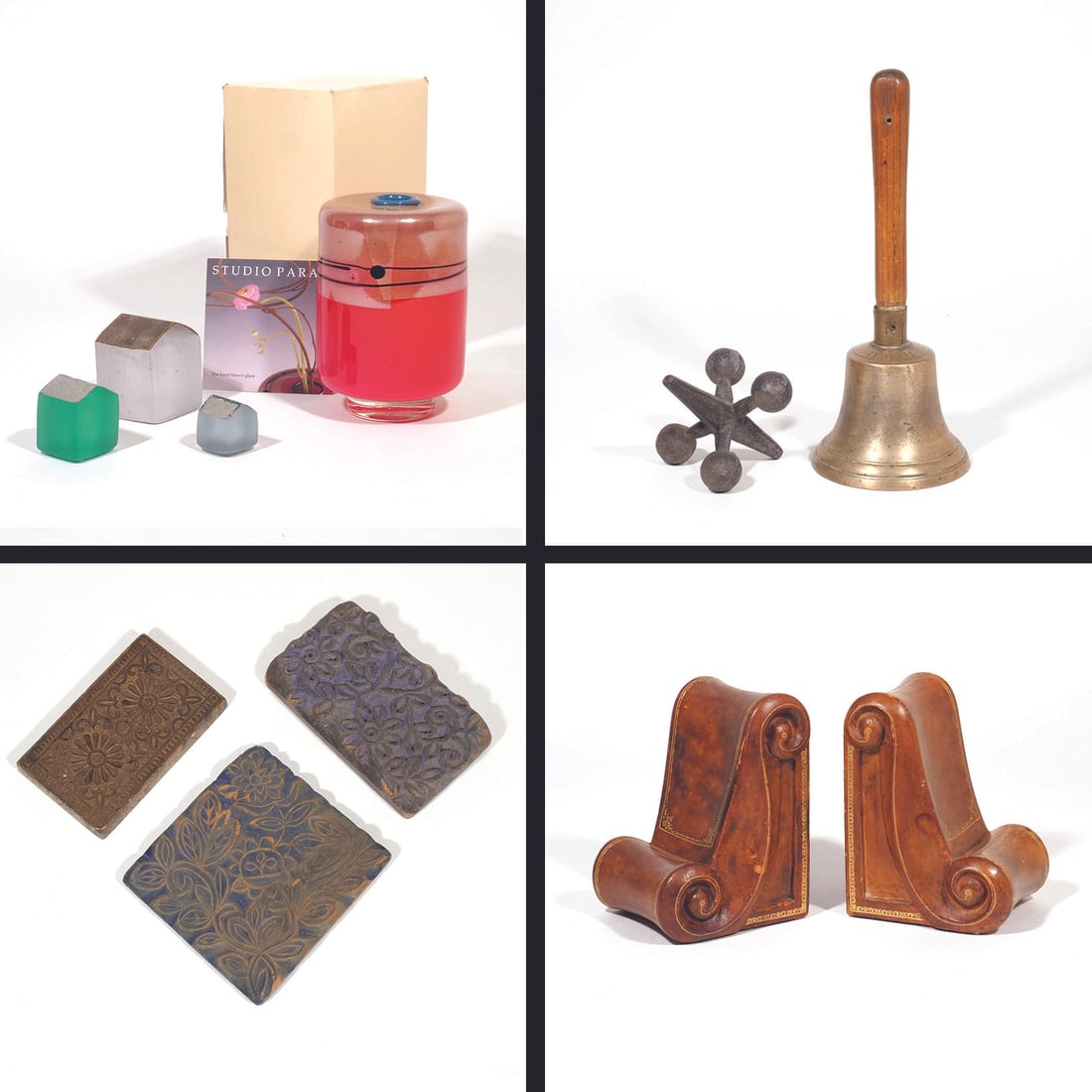 (11pc) MISC. DECORATIVE OBJECTS: Including three antique woodblocks / molds (one in bronze and two in wood, 5-1/4 x 4-1/4 in. largest); an antique brass handbell (14in.); a large metal jumping-jack object; 4 pieces of misc. glass, in