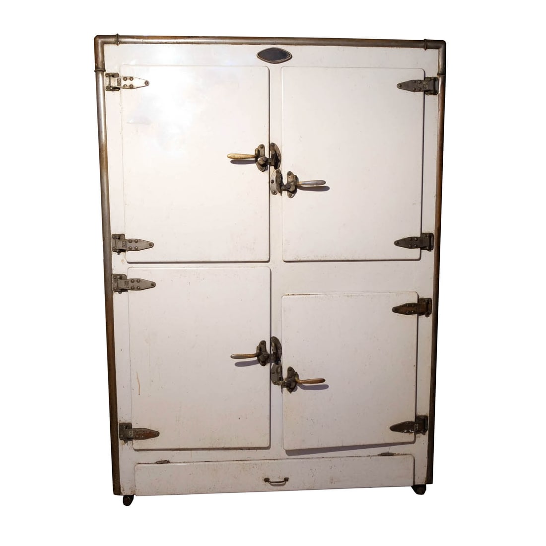 BOHN WHITE ENAMEL COMMERCIAL ICE BOX: Provenance: The estate of Leonard Ashley, noted Professor and Author on Geolinguistics and the Occult, Brooklyn, NY Item is being sold in situ, must be picked up on site in Flatbush, Brooklyn, NYC [In