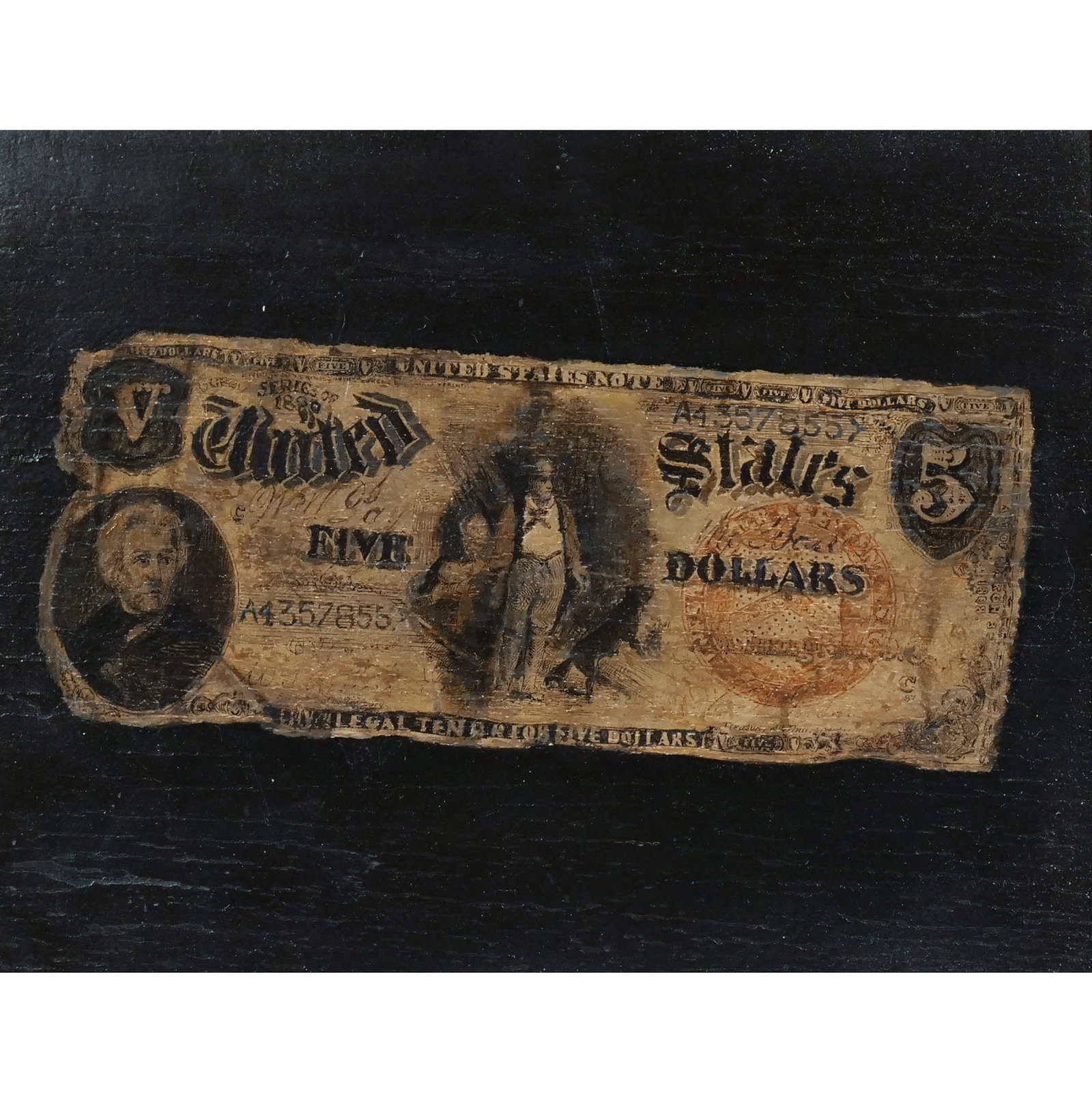 NICHOLAS ALDEN BROOKS (American, 1840-1904): 5 Dollar Bill, Oil on panel, h. 7 in w. 9 in., Unsigned, framed Provenance: Skinner, Boston, September 11, 2015, lot 358; The estate of the late Richard D. Angotta, Private Collector, Ridgefield,