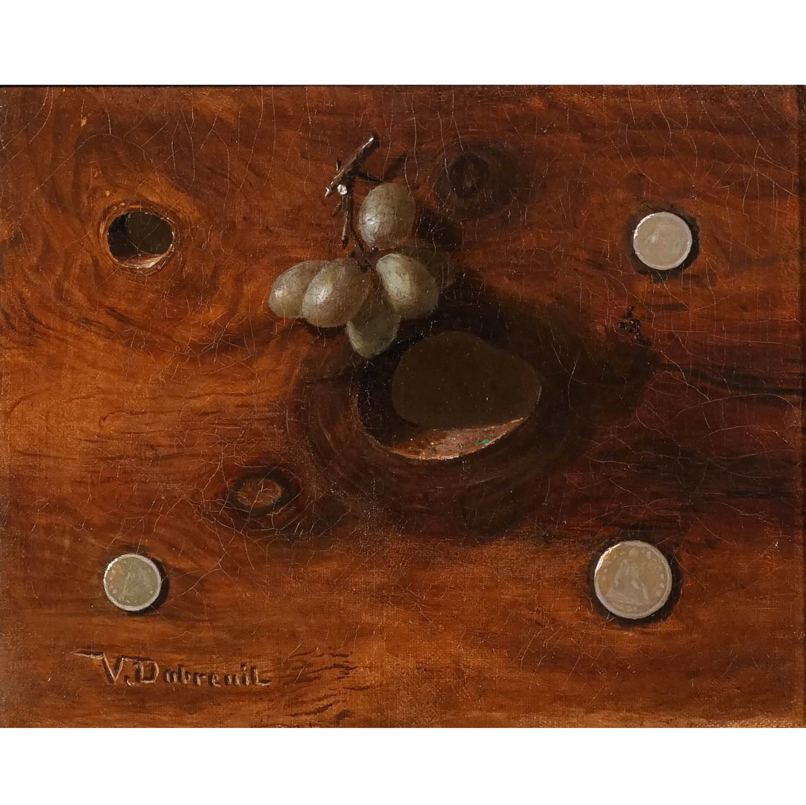 VICTOR DUBREUIL (American, 1842-1946): Grapes on a Barn Board Oil on canvas h. 7-1/2 w. 9-1/2 in. Signed lower left, with Butler Institute of American Art exhibition label and Hirschl & Adler gallery label verso, framed overall: 13-1/4 x 1