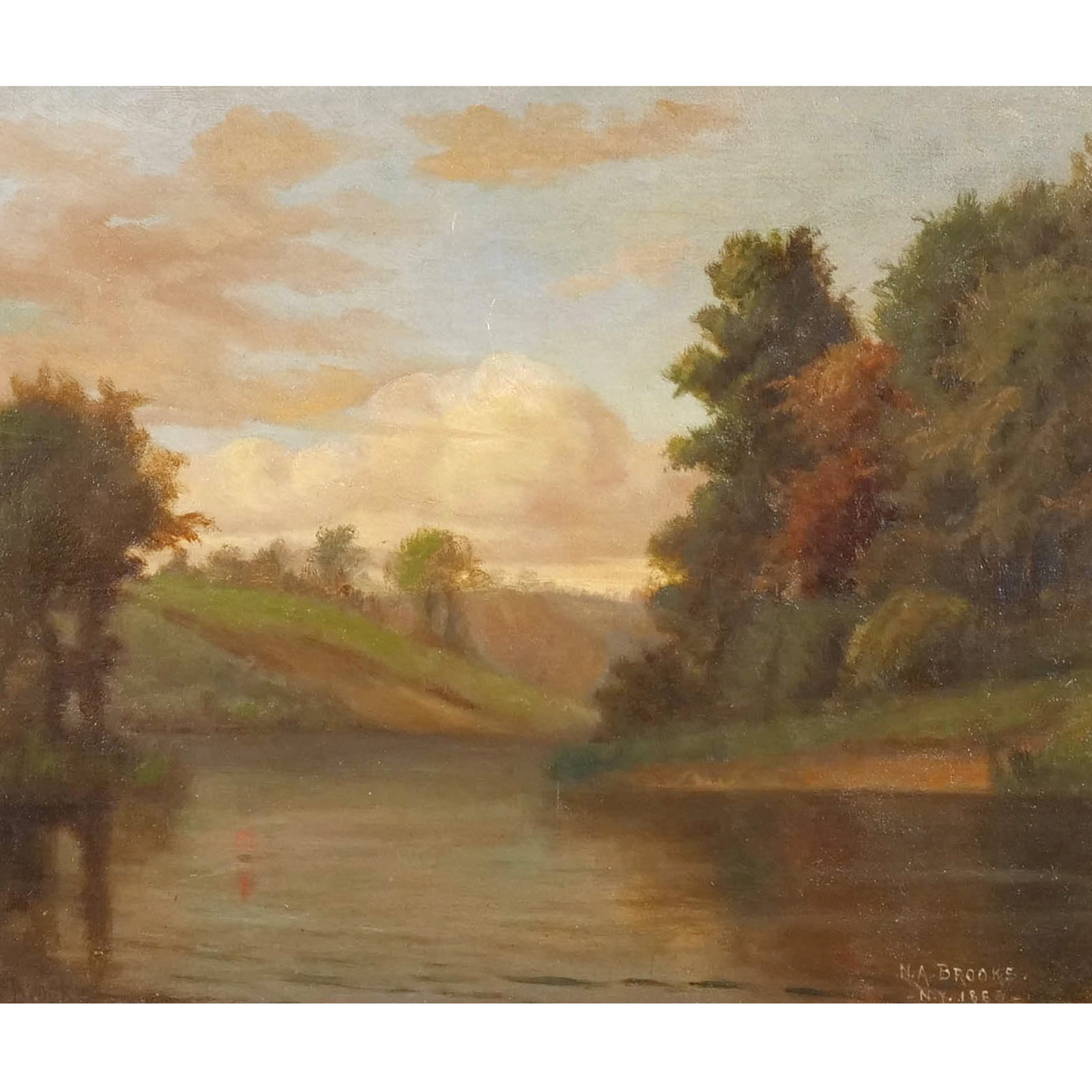 NICHOLAS ALDEN BROOKS (New York, 1840-1904): Lakeside landscape, 1868 Oil on canvas h. 9-1/2 w. 11-1/2 in. Signed and dated lower right, with gallery labels verso, frame of period overall: 17-1/2 x 19 in. (frame) n.b. Considerable mystery surrou