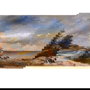 ARTHUR QUARTLEY (American, 1839-1886): Afternoon on the Shore Oil on canvas h. 17-1/2 (sight) w. 29-1/2 in. (sight) Landscape waterside scene, with two figures in the foreground, framed, sgd. lower left overall: 25 x 37 in. (frame) Provena