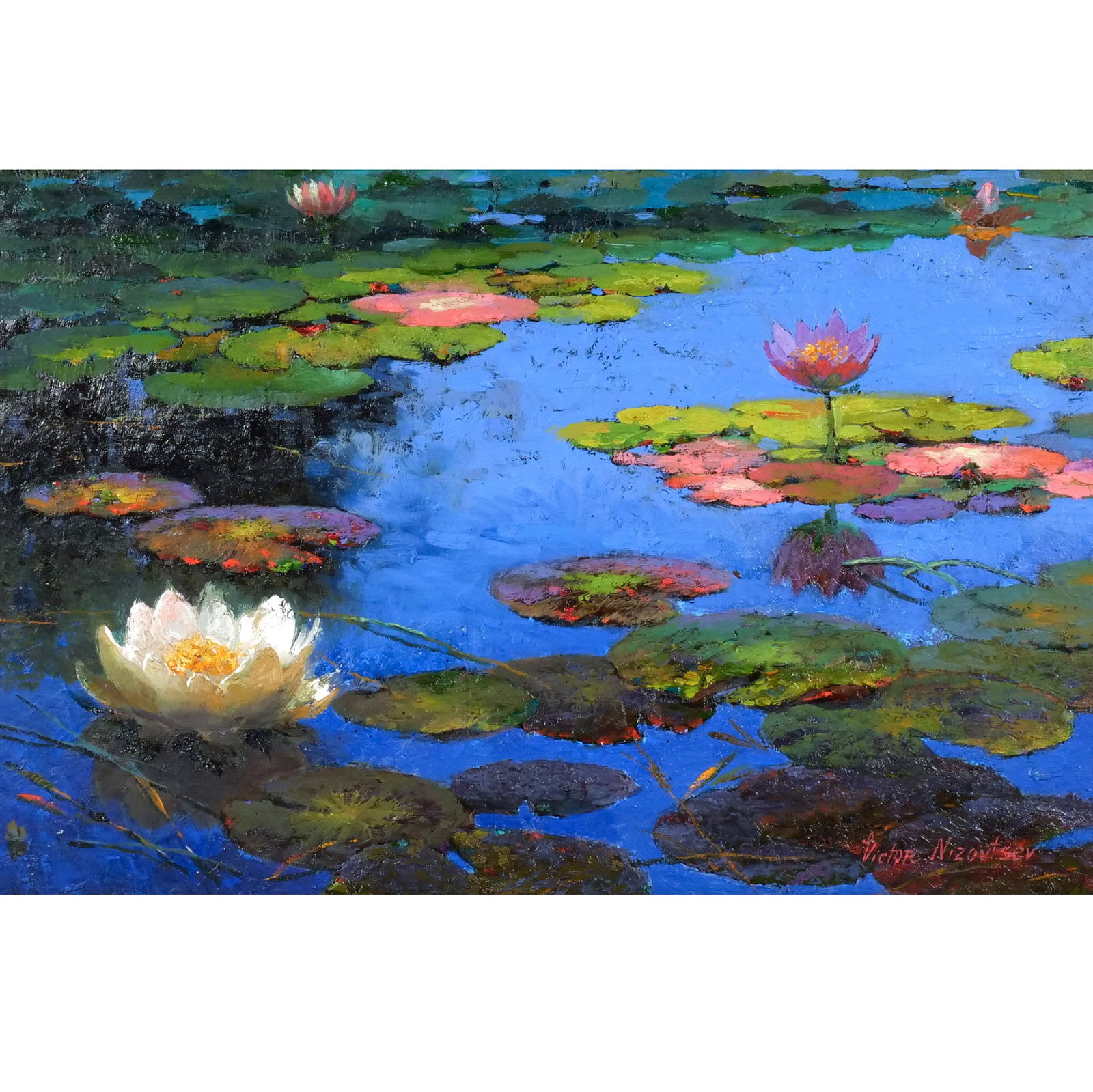 VICTOR NIZOVTSEV (Russian-American, 1965-): 'Water Lily Pond' Oil on canvas h. 15-1/2 w. 23-1/2 in. Signed lower right, titled on label verso, framed overall: 20-1/2 x 28-1/2 in. (frame) Provenance: McBride Gallery, Annapolis, Maryland; purchas