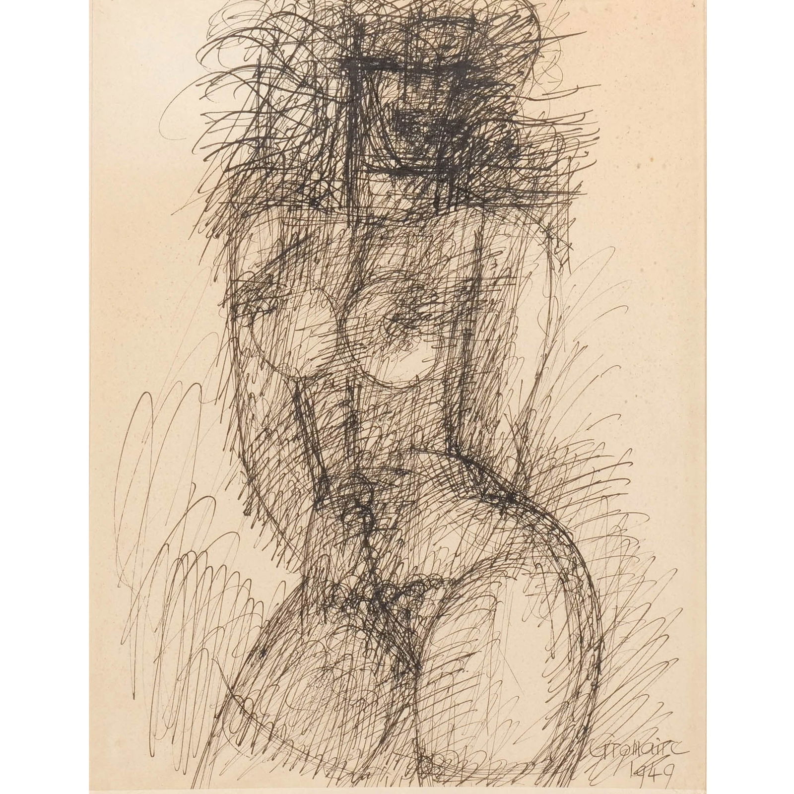 MARCEL GROMAIRE (1892-1971): Study of a nude, 1949 Pen and ink on paper h. 13 w. 10 in. Signed and dated lower right, signed and inscribed 'A.M. Richard de Rochemont' verso, framed overall: 17-1/4 x 14 in. (frame) Provenance: Pr