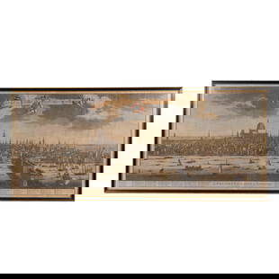 JOHANNES "JAN" KIP (Netherlands, 1653-1722): A PROSPECT OF THE CITY OF LONDON Engraving h. 19-3/4 w. 47 in. (sight) Hand colored copper line engraving overall: 21-1/2 x 48-1/2 in. (frame) Provenance: With Baynton-Williams, London, label on verso