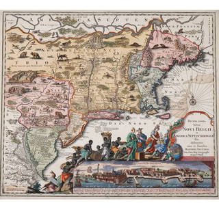 MAP OF NEW ENGLAND & NEW YORK | SEUTTER: Recens Edita totius Novi Belgii, in America Septentrionali, Augsburg: Matthäus Seutter, [n.d but circa 1735], the second state (Tooley, p. 291), double-page engraving with hand coloring, with an elab