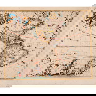 C. 1677 MAP of the AMERICAS | Visscher: Visscher, Nicholas. Novissima et Accuratissima Totius Americae Descriptio. Amsterdam, 1677 or after. Double-page engraved map of the western hemisphere with a decorative title cartouche of native figu