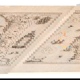 C. 1635 MAP of NEW ENGLAND | Blaeu: Blaeu, Willem (1571-1638). Nova Belgica et Anglia Nova. Amsterdam, c. 1635-1667. Double-page engraved map with hand-coloring, French text on verso. h. 15-1/4 w. 20 in. (plate) overall: 19-1/2 x 23 in.