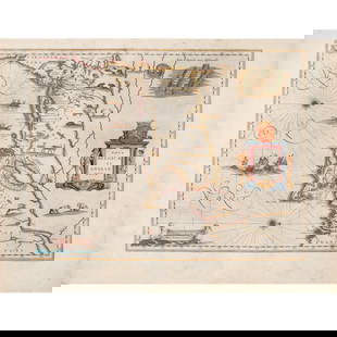 C. 1635 MAP of NEW ENGLAND | Blaeu: Blaeu, Willem (1571-1638). Nova Belgica et Anglia Nova. Amsterdam, c. 1635. Double-page engraved map with old hand-coloring, with Latin text on verso. Framed. h. 15-1/8 w. 19-7/8 in. (plate, appx) ove
