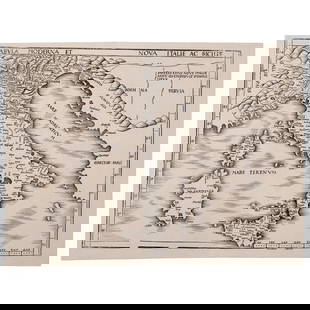 1513 MAP OF MODERN ITALY | Waldseemuller: Waldseemuller, Martin (c. 1473-1519), Tabula moderna et nova Italie ac Sicilie. Strassburg: J. Schott, 1513. Double-page woodcut, from Claudii Ptolemei viri Alexandrini Mathematice discipline Philosop