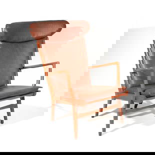 HANS J. WEGNER for A.P. STOLEN LOUNGE CHAIR: AP-15 lounge chair Oak, leather No apparent labels h. 39 w. 27-1/2 d. 19-1/2 in. Provenance: Descent through Old Greenwich, CT family