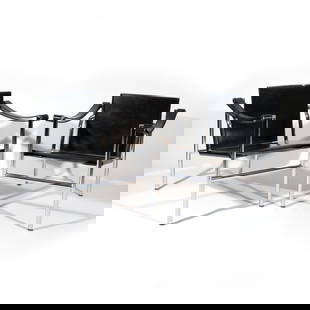 (2pc) LE CORUBUSIER for CASSINA: Pair of LC1 'Basculant' sling chairs Chromed steel, leather Signed and numbered 'Cassina / LC 1 no. 41176 Le Corbusier' h. 26 w. 23 d. 25 in. Provenance: Private collection, Old Greenwich, CT [IN SITU