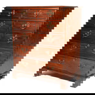 CHIPPENDALE MAHOGANY TALL CHEST, 19th C.: Having 6-graduated small drawers and 2-graduated long drawers, retaining original rococo pulls and escutcheons h. 45 w. 38 d. 21-1/2 in. Provenance:Property of Sharon, CT. gentlemen[IN SITU ITEM] This